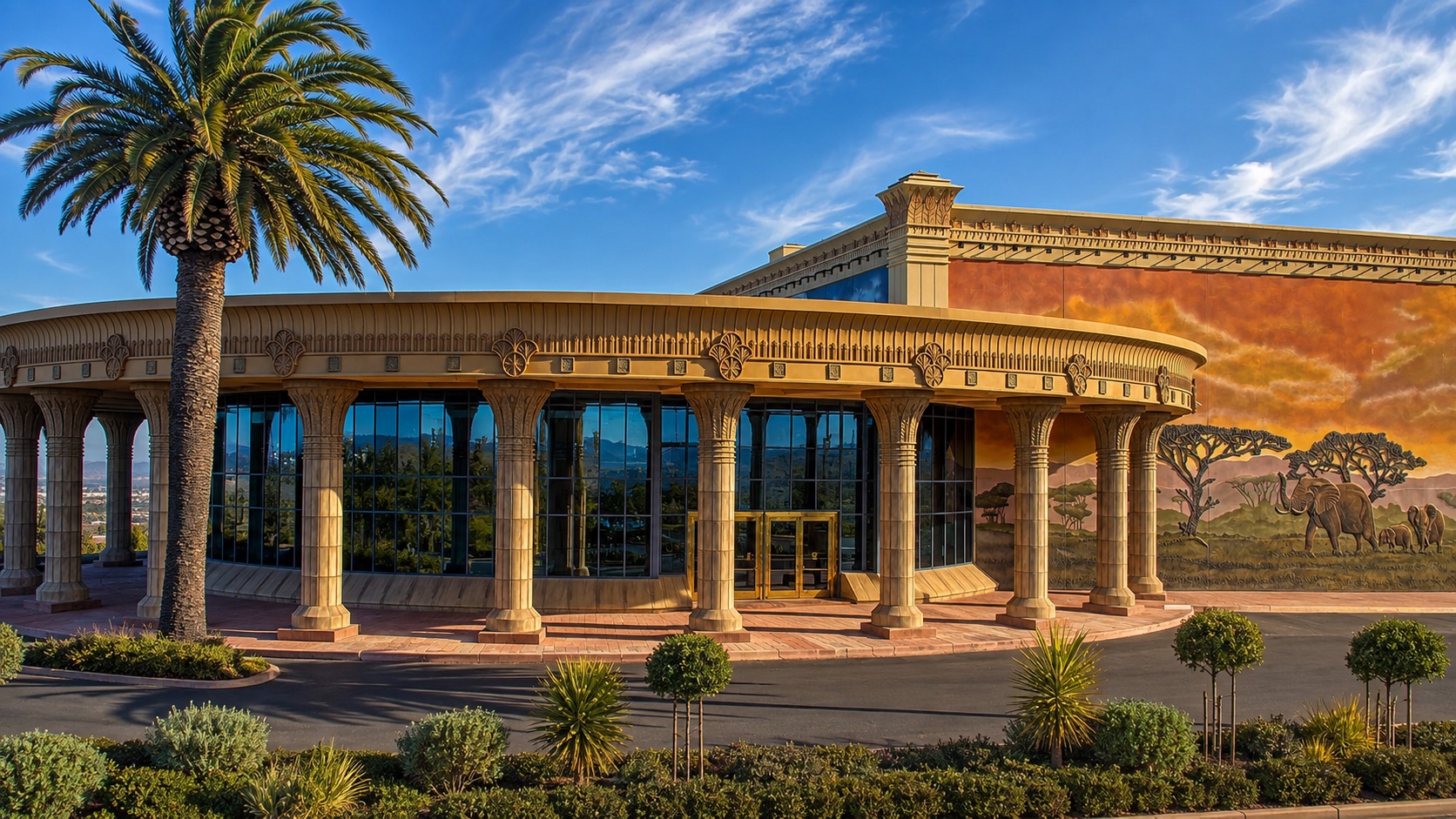 Exterior of the World Wildlife-Heritage Museum with a palm tree, arched colonnade, and wildlife mural